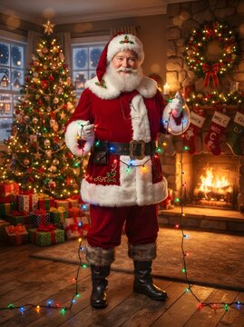 Portrait of smiling Santa Claus with christmas tree and gifts in cozy living room
