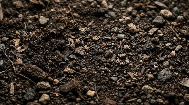 Rocky soil base and pebbles within a rich dark organic forest dirt texture and natural ground layer detail.
