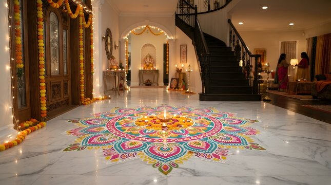Spacious home interior decorated for diwali with a large colorful rangoli on the marble floor and marigold garlands