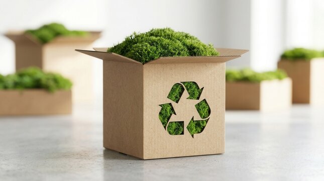 Recycled cardboard packaging box featuring green moss as a symbol for sustainable consumption and eco friendly delivery