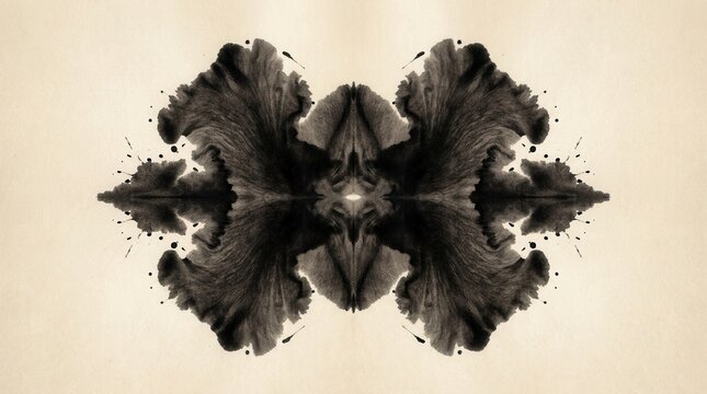 Twin visuals and matching reflective shapes created through symmetrical rorschach-like ink patterns
