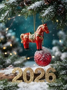 Red dala horse ornament hanging on a christmas tree branch with new year decorations
