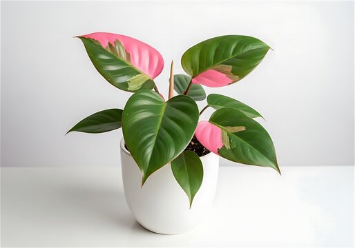 Philodendron Pink Princess variegated plant with pink leaves in white pot