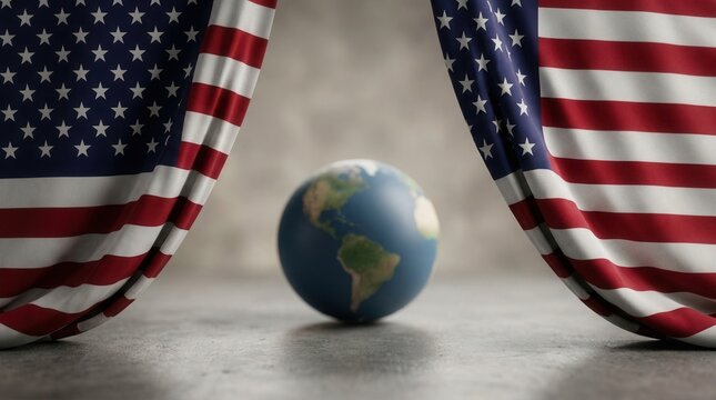 Illustrating US global power, patriotism, and world affairs with American flags opening dramatically to reveal Planet Earth globe