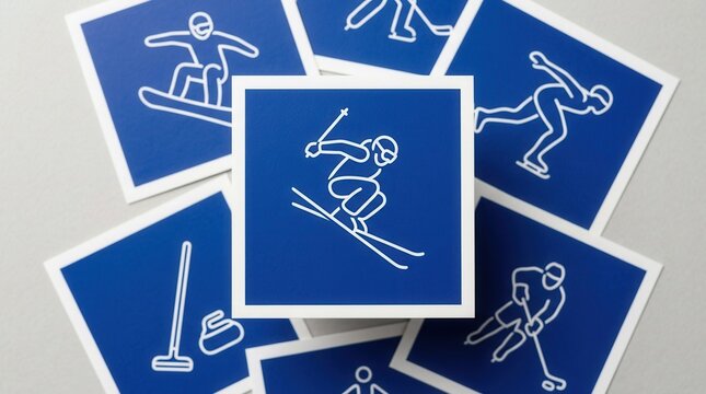 Pictograms of other sports in background with a blue freestyle skiing pictogram for Winter Olympics Game 2026 in Milano and Cortina