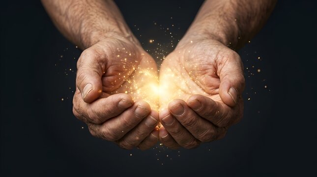 Cupped senior hands holding glowing golden magic light particles