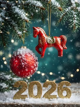 Red wooden horse ornament with christmas tree and new year 2026 decorations