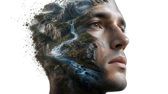 Double exposure portrait of man with mountain waterfall landscape