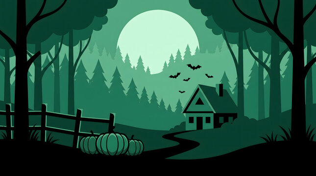 Spooky haunted house in a dark forest with a full moon and flying bats