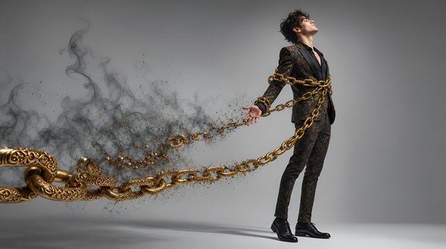 Elegant man breaking free from dissolving golden metal chains