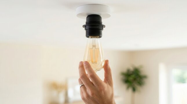 Vintage style LED light bulb being installed into a ceiling light fixture by hand for home improvement and energy efficiency