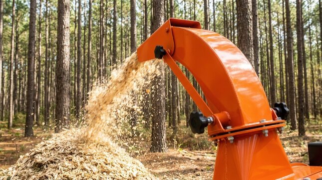 Processing tree branches into mulch with an orange wood chipper spewing wood chips in a forest setting.