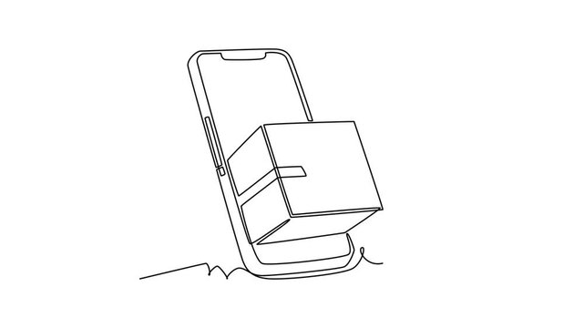 Mobile parcel tracking and delivery confirmation.E-Commerce logistic concept. Single line draw design. Full length animation illustration. High quality 4k footage