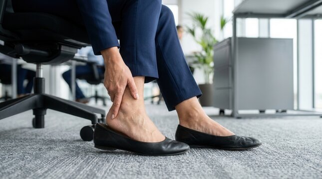 Woman enduring discomfort from long hours of work while sitting at an office desk and rubbing her aching ankle and foot