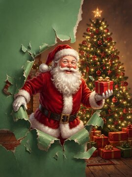 Santa Claus emerging from torn green paper with a decorated christmas tree and gift