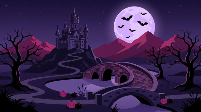 Spooky halloween background featuring a haunted castle under a full moon with bats