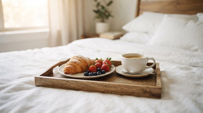 Luxury hotel breakfast tray with croissants, berries, and tea on white bed linens