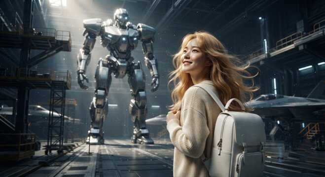 Smiling young Asian woman looking up at a giant futuristic robot in a sci-fi hangar, future technology concept, generative AI
