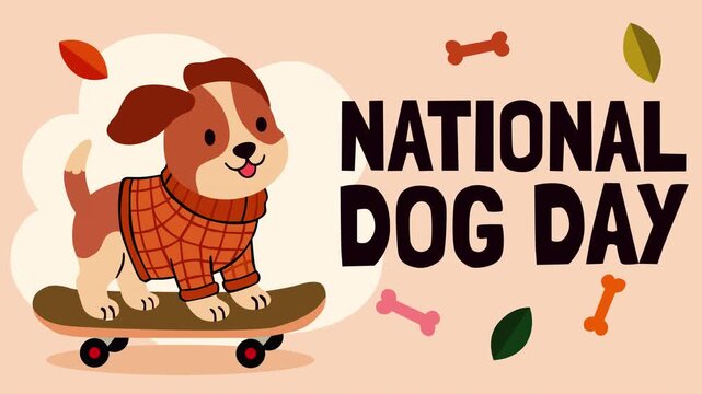 Animated National Dog Day scene featuring a cheerful puppy riding a skateboard in a cozy autumn setting with colorful leaves and bones, celebrating pets, friendship, playfulness, and joy