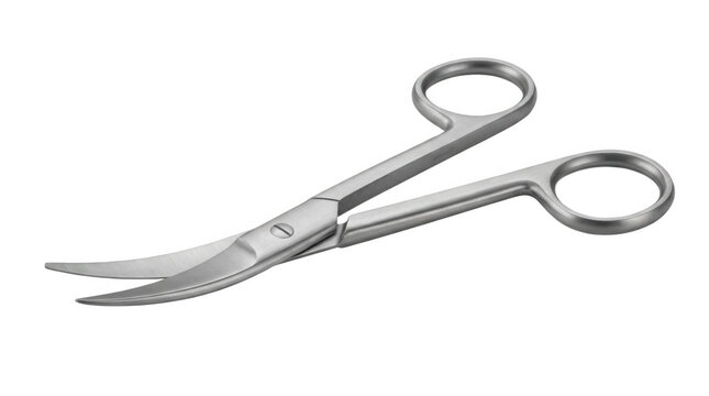 Surgical scissors with curved metal blades for precise medical procedures and wound care.