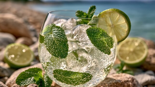 Mojito cocktail with fresh lime and mint leaves on sunny beach