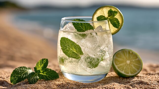 Mojito cocktail with lime and mint on tropical beach background