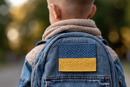 Schoolboy with Ukraine flag patch on denim backpack back view portrait