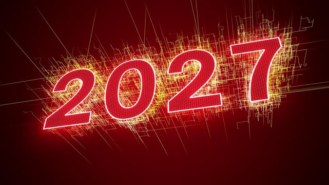 Video animation - abstract neon light in red with the numbers 2027 - represents the new year - holiday concept.