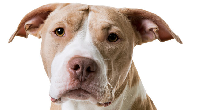Close-up portrait of a tan and white pit bull dog, isolated on transparent background