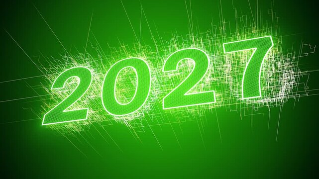Video animation - abstract neon light in green with the numbers 2027 - represents the new year - holiday concept.