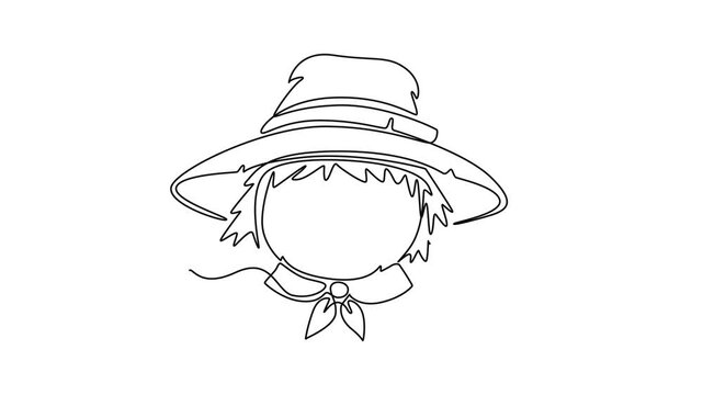 A cheerful scarecrow face symbolizing the spirit of the harvest season.Autumn concept. Single line draw design. Full length animation illustration. High quality 4k footage