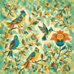 Fototapeta premium Hummingbird and Birds Among Geometric Flowers