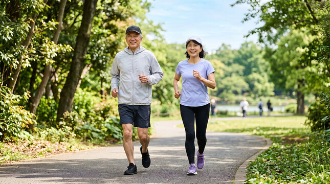 公園の並木道をジョギングする60代夫婦、健康的で元気な笑顔のシニアライフ / Senior couple in their 60s jogging together on a tree-lined park path, healthy and energetic lifestyle