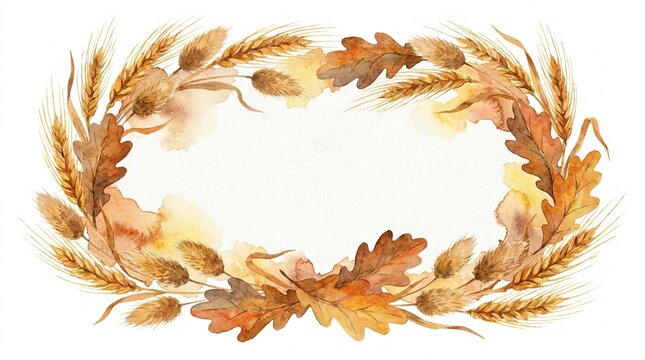 Beautiful watercolor illustration of an autumn wreath made of dry oak leaves and wheat ears isolated on a white background design