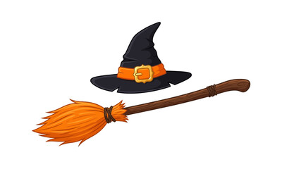 Fototapeta premium A cartoon style illustration of a black witch hat with an orange band and a wooden broomstick