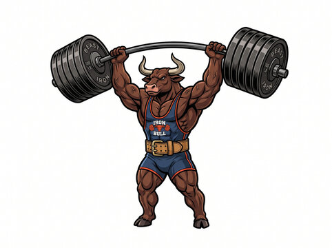 Muscular Anthropomorphic Bull Weightlifter Lifting Heavy Barbell