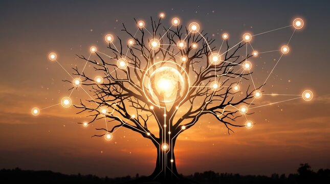 Glowing tree silhouette with lightbulb core and circuit board branches connected by network nodes, symbolizing innovation, ideas, eco-technology and sustainable future