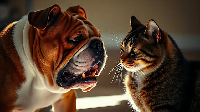 A bulldog and a cat locked in a tense stare, with raised hackles and bared teeth.