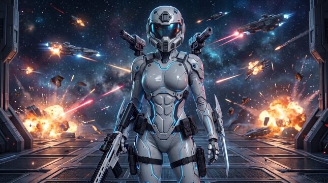 Futuristic sci-fi super soldier in armored suit holding a rifle during an intense space battle, cyberpunk warrior, generative AI
