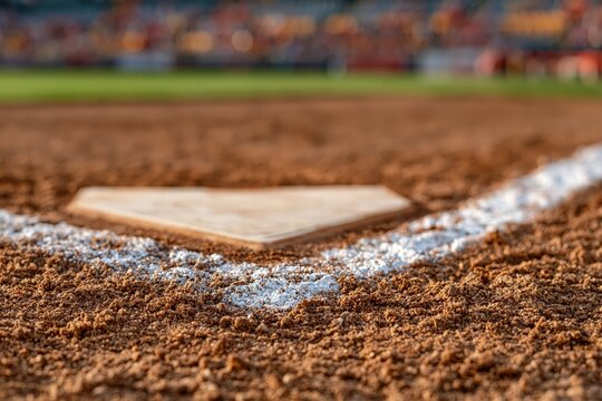 Baseball home plate on infield dirt field with foul line and stadium