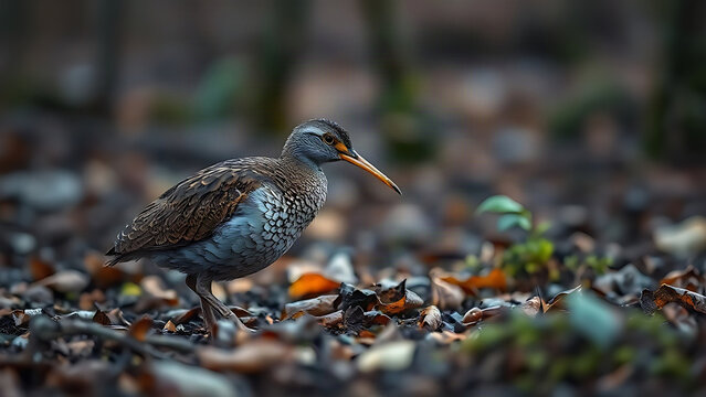 Woodcock bird in dusky wetland, probing soil with its long beak.