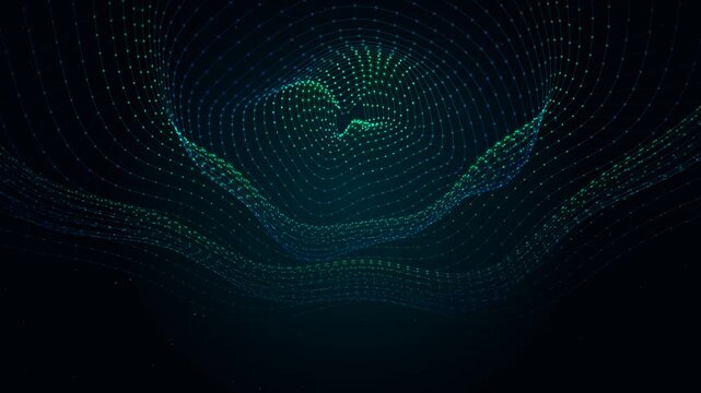 Glowing digital wave structure forms concentric circular patterns in this mesmerizing blue and green scientific data motion animation video clip