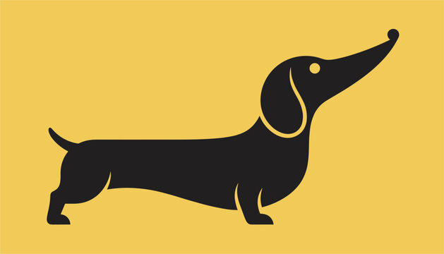 Simple black silhouette of a dachshund dog looking up with its tail raised isolated on a bright yellow background.