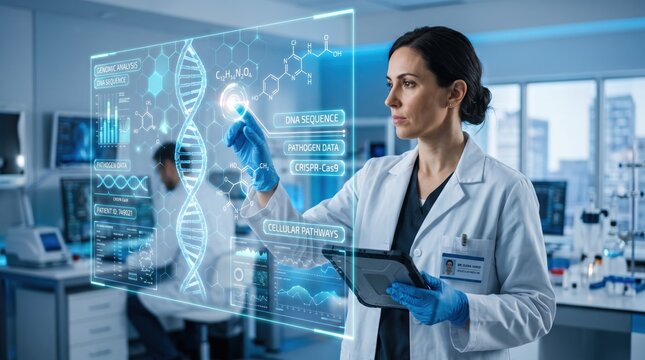 Female scientist analyzing DNA sequence and genomic data on virtual screen, medical research laboratory, cellular pathways visualization, CRISPR technology