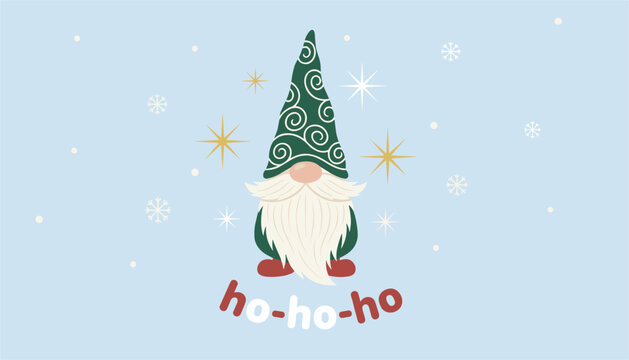 Charming Christmas gnome in a tall green spiral patterned hat standing over handwritten ho-ho-ho text on light blue.