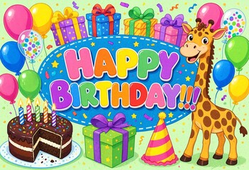 Naklejka premium Happy birthday greeting card with cute giraffe and cake