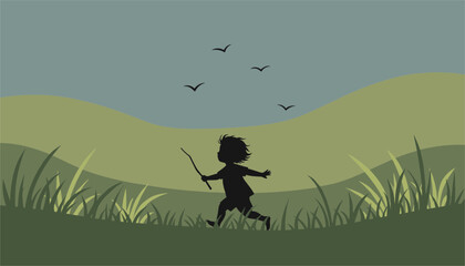 Silhouette of a happy child running with a stick through a lush grassy field under a scenic sky with birds.