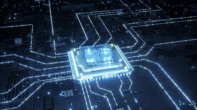 High tech chip product 3d animation, cpu connected to circuit board, Animation of glowing multi-core microchips connected to complex circuit boards, generating radiated currents on the circuit board.