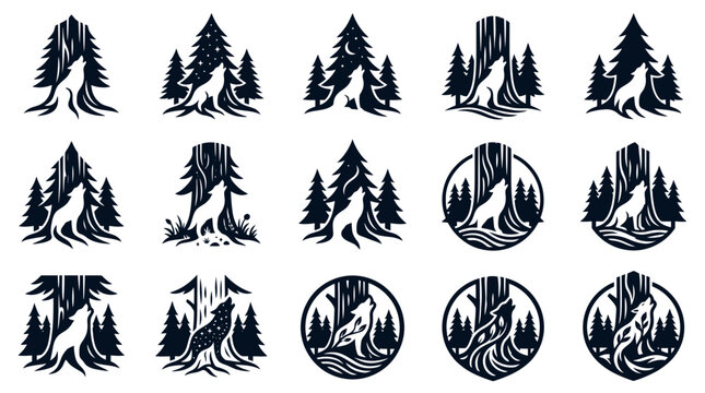 Multiple circular and triangular emblem designs feature howling wolves among pine trees and forest elements in a cohesive pattern.