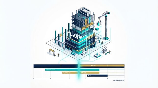 3D architectural model illustrates different phases in digital construction timeline for a building project including foundation, structure, and MEP.